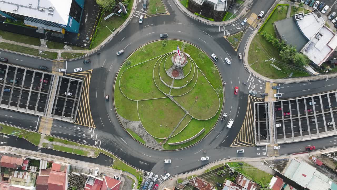 SAN JOSE, Costa Rica - FEBRUARY 28, 2023: Breathtaking birds-eye perspective captures the iconic circular intersection known as Rotonda de la Bandera (Flag Roundabout) in the San Pedro district.