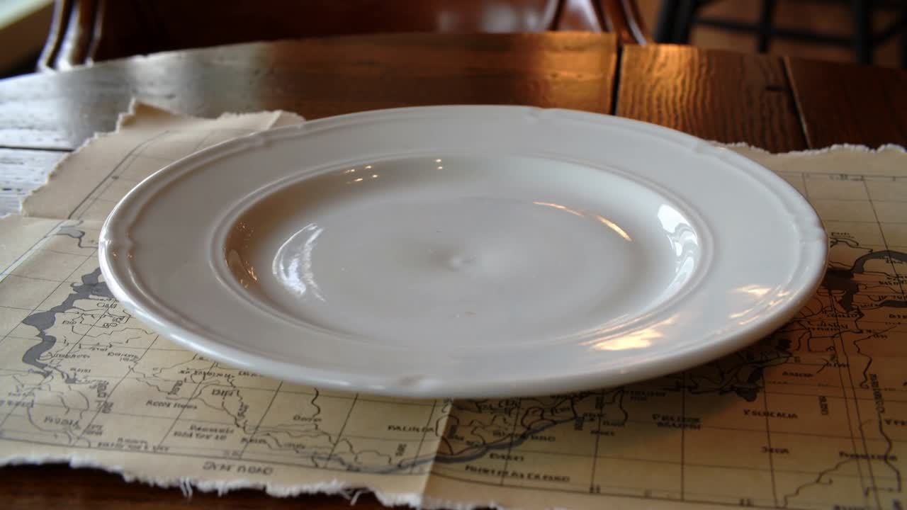 Shifting camera revealing white ceramic plate on map placemat at wood table, showing frayed edge