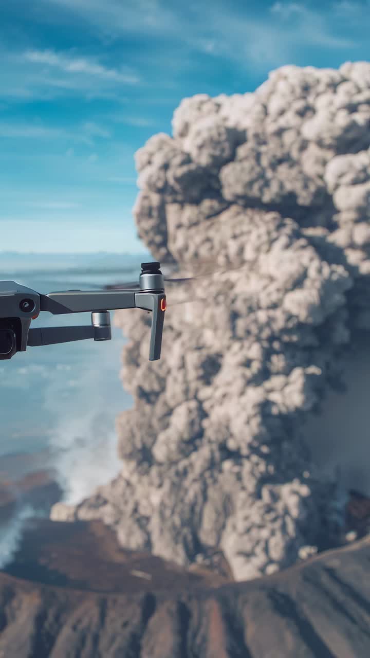 Vertical video: Erupting crater sending dense ash column rising over barren plain, drone arm, hub