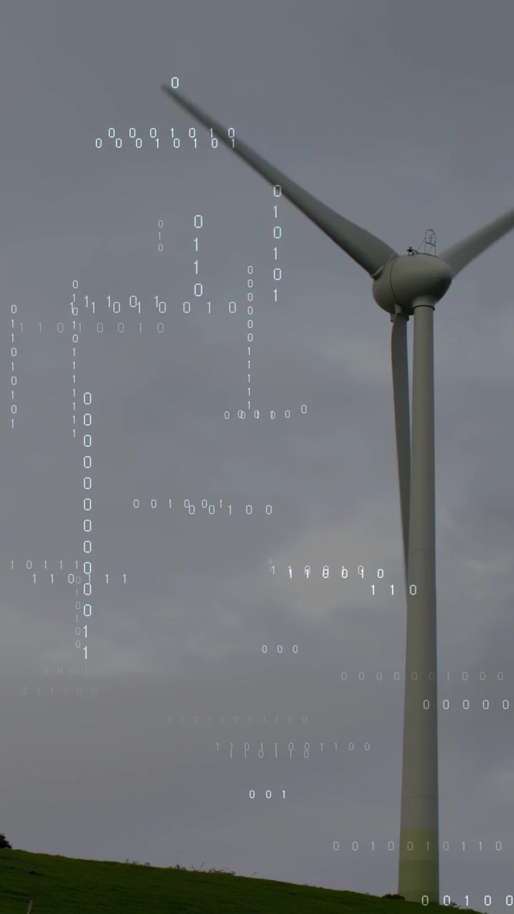Video verticale: Inquadratura dal basso verso l'alto di una turbina con pale in movimento, con una sovrapposizione binaria che mostra la potenza.