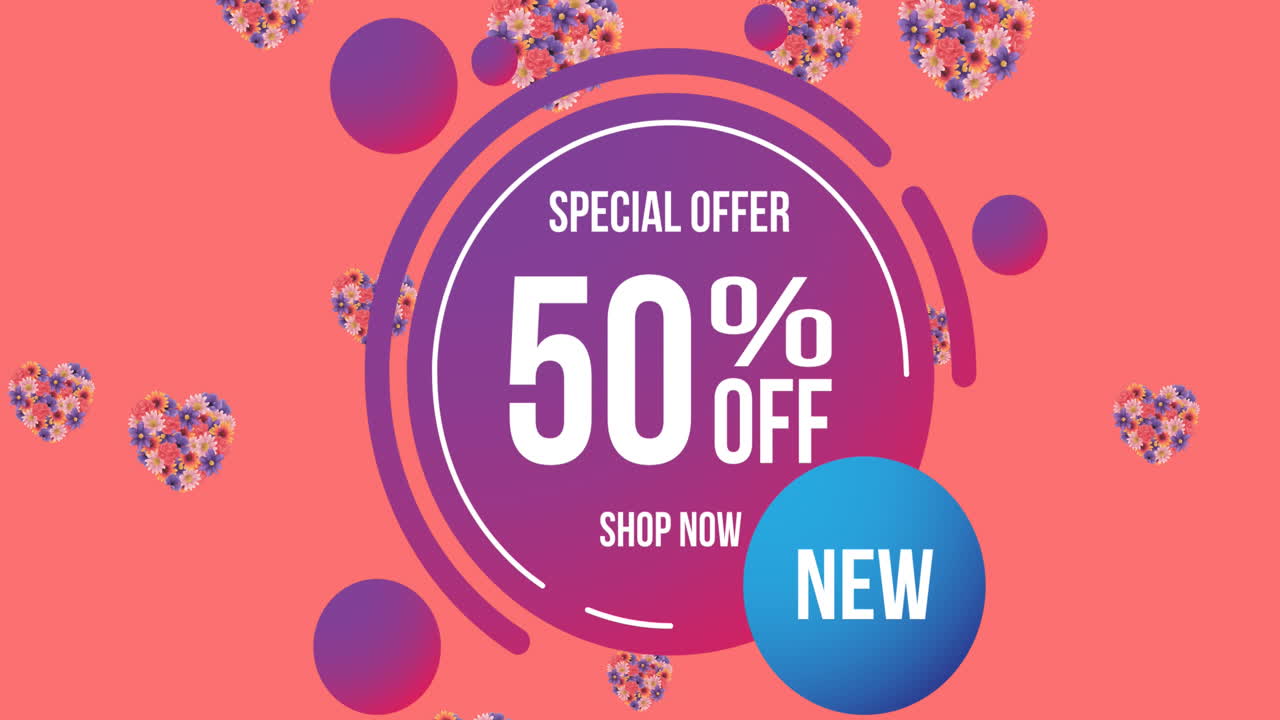 animación de oferta especial 50% de descuento en texto sobre flores que se mueven en movimiento hipnótico