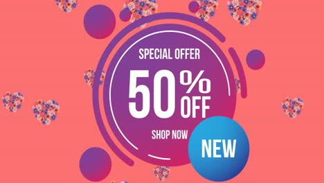 animación de oferta especial 50% de descuento en texto sobre flores que se mueven en movimiento hipnótico