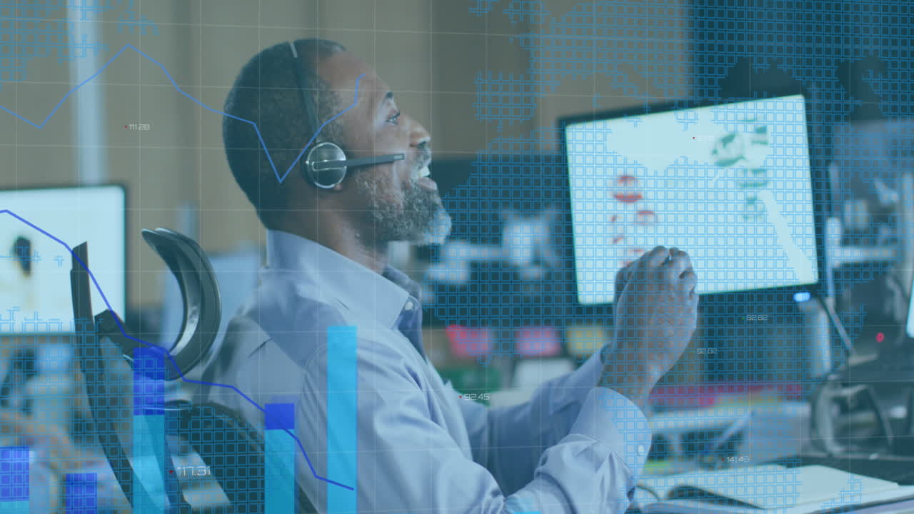 animazione dell'elaborazione dei dati finanziari su un uomo d'affari afroamericano che usa le cuffie del telefono