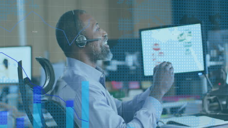 animación del procesamiento de datos financieros sobre un hombre de negocios afroamericano usando auriculares de teléfono