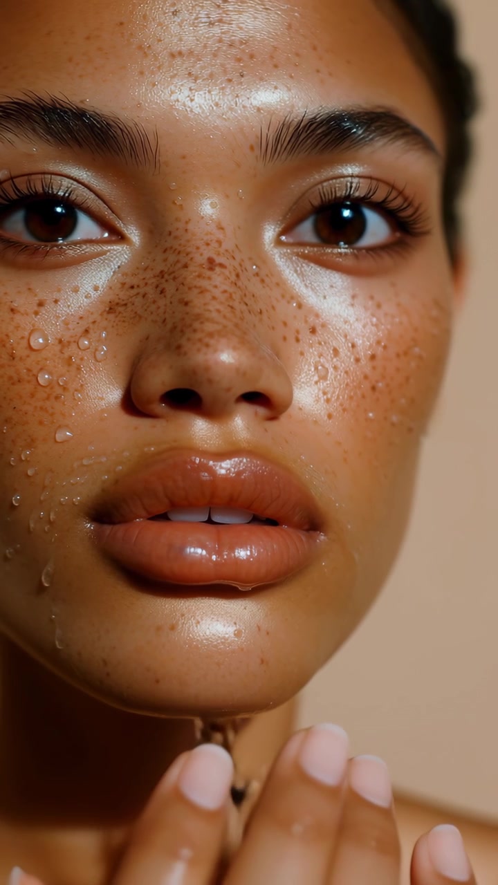 Close-up do Rosto de uma Mulher com Gotas de Água e Sardas, Olhos se Abrindo
