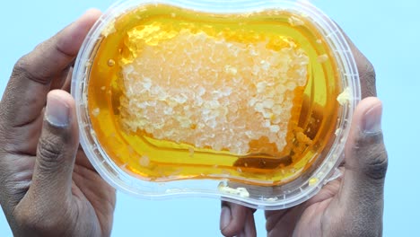 honeycomb in a container held by hands