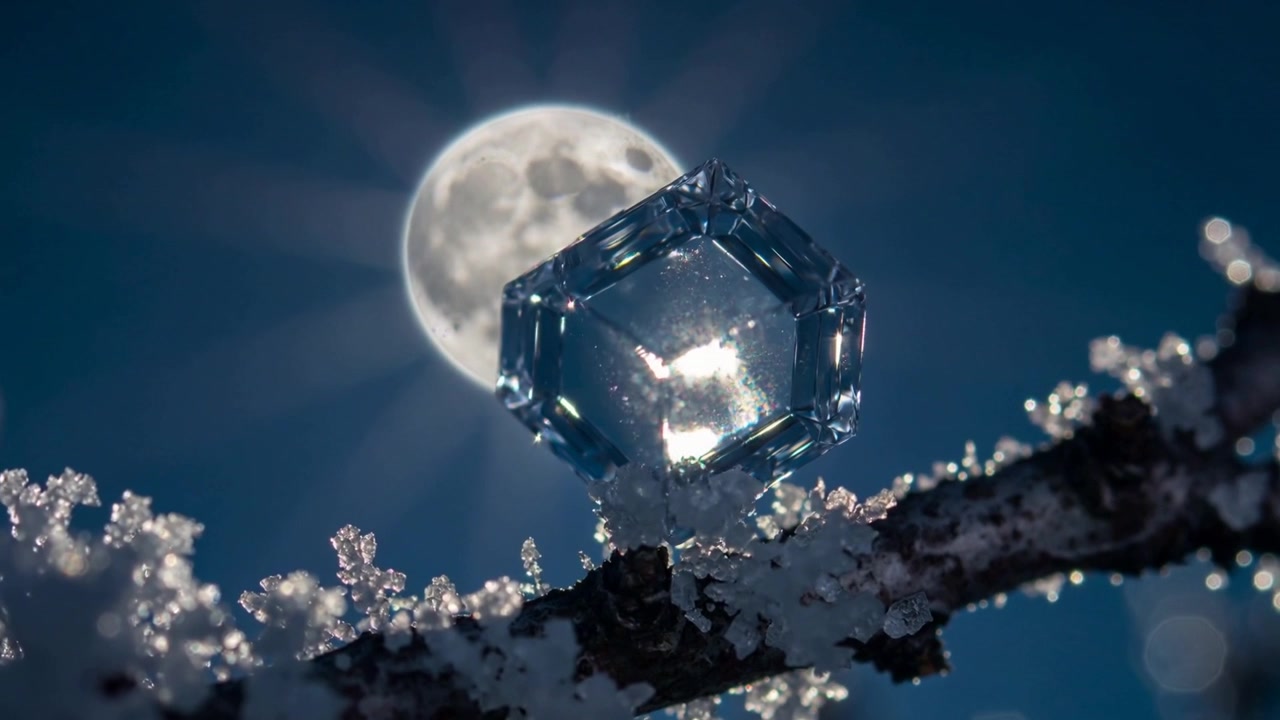La telecamera zooma su un fiocco di neve esagonale che rifrange e scintilla su un rametto brinato di notte, con la luna piena.