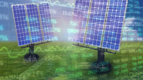 animation of financial data processing over solar panels on grass and blue background