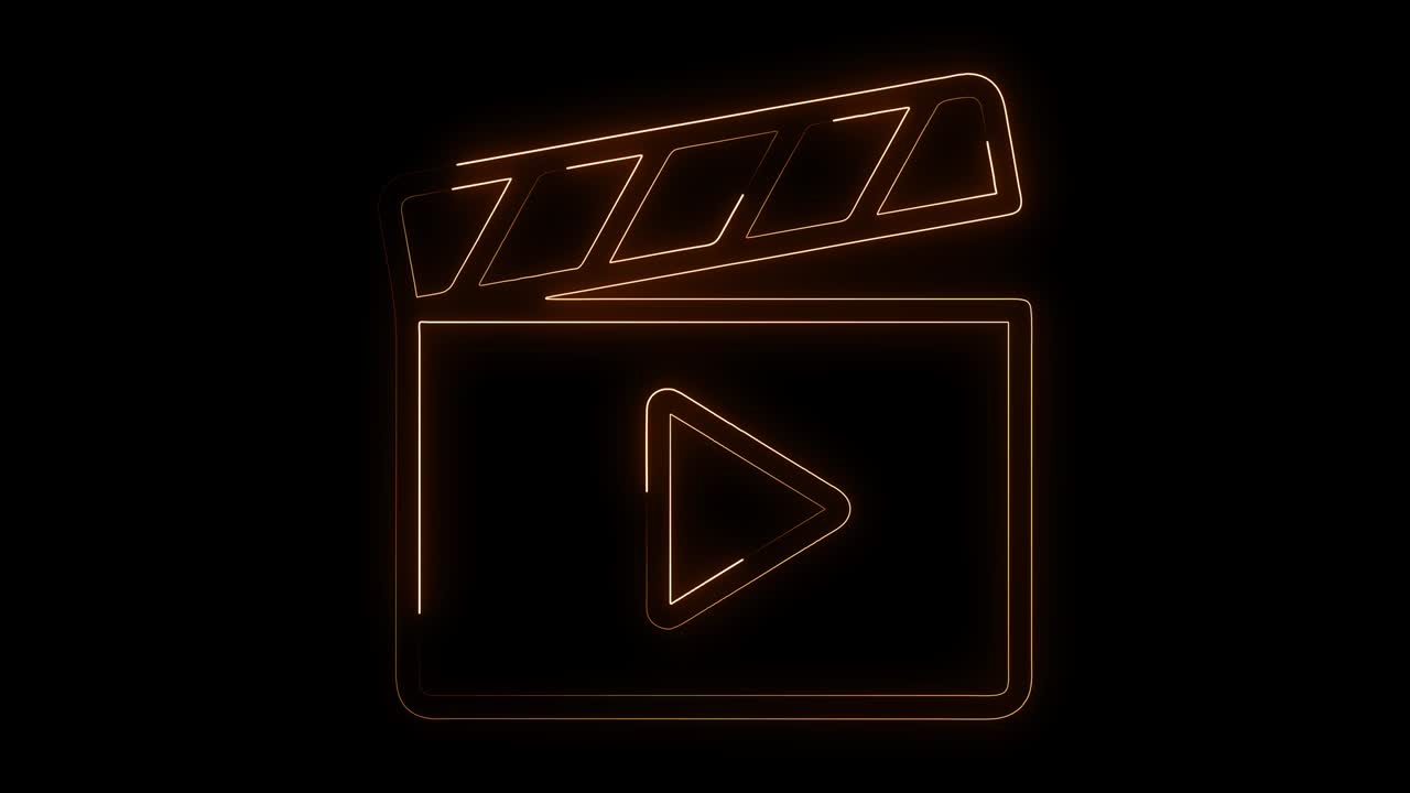 línea de neón brillante icono de clapper de película aislado en fondo negro. tablero de clapter de película. producción de cine o industria de los medios.