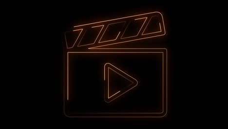 línea de neón brillante icono de clapper de película aislado en fondo negro. tablero de clapter de película. producción de cine o industria de los medios.