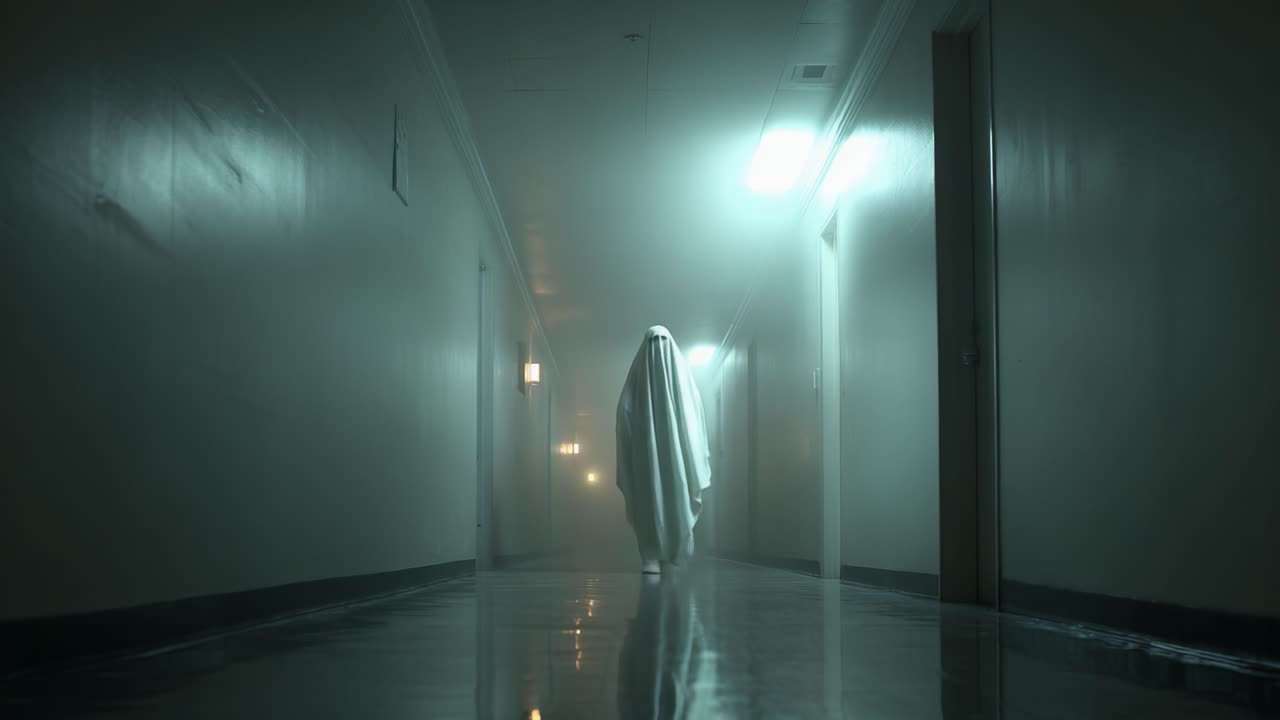 A Haunting Encounter in a Foggy Corridor: A Mysterious Figure Appears as Shadows Dance Along the Walls, Leaving an Eerie Atmosphere That Invites Fear and Intrigue
