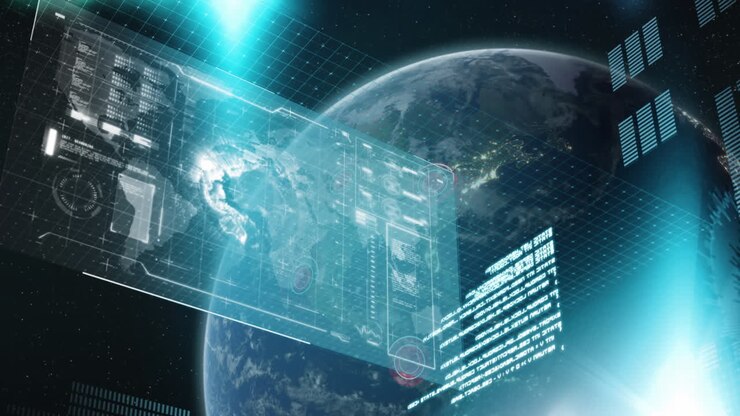 Animation of data processing with globe over globe in space