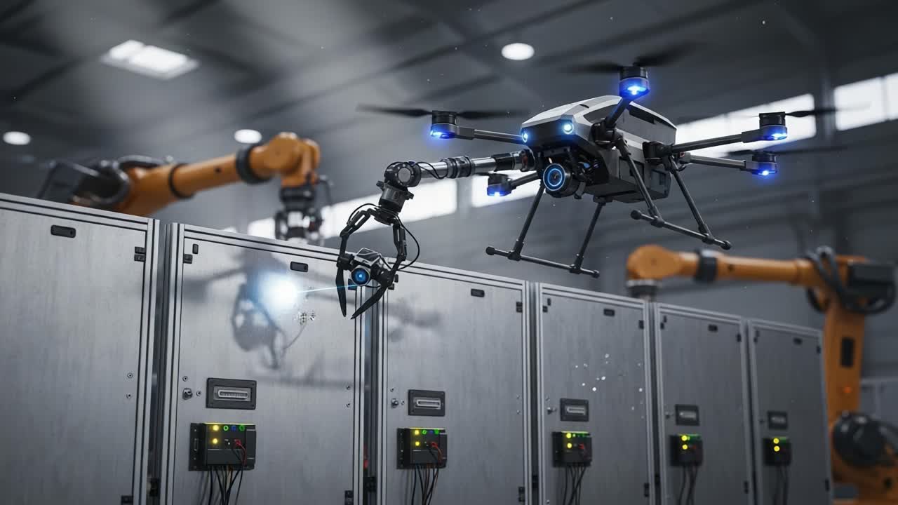 Advanced Drone Technology Integrating Robotic Arms for Automated Operations in High-Tech Environments, Showcasing Precision and Efficiency in a Smart Factory Setting