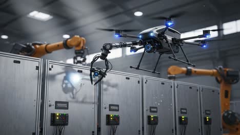 advanced drone technology integrating robotic arms for automated operations in high-tech environments, showcasing precision and efficiency in a smart factory setting