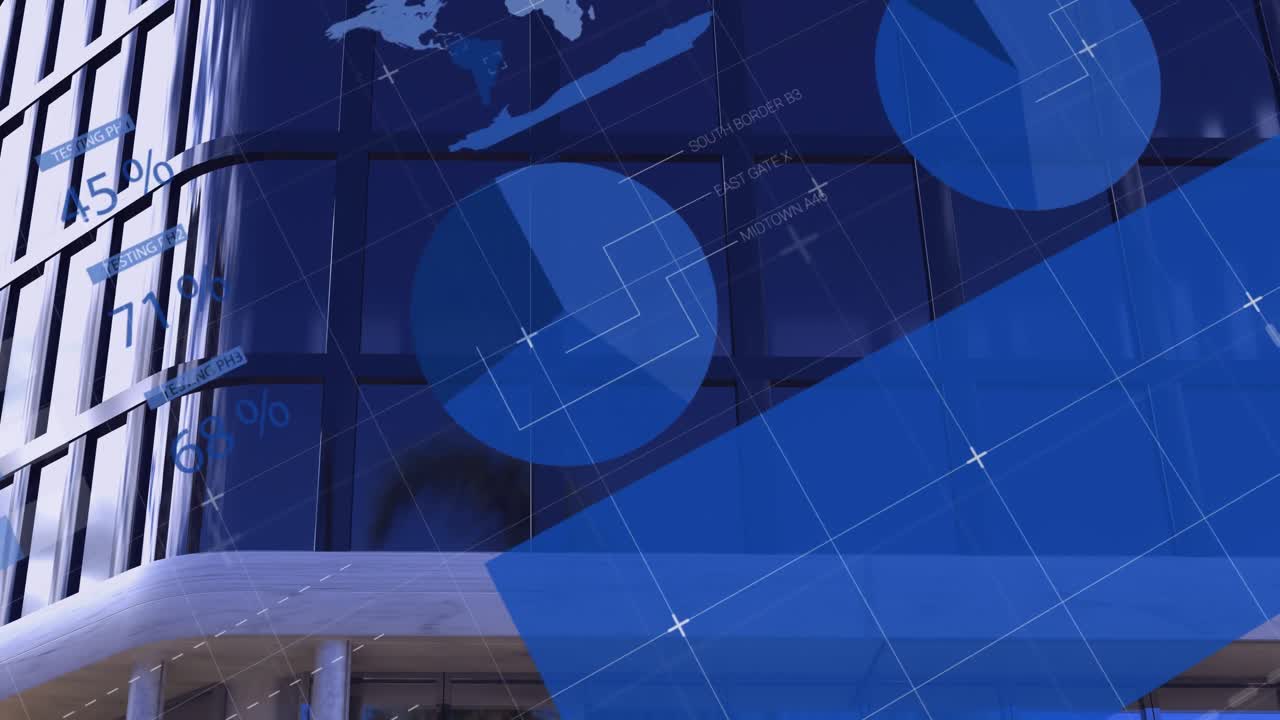 현대적인 건물 위에 세계 지도와 통계 기록과 함께 금융 데이터 처리의 애니메이션
