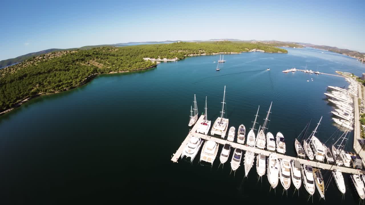 Majestic marina of Sibenik, aerial FPV view