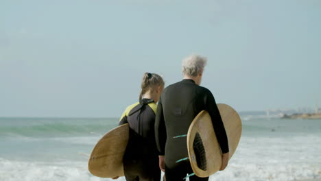 back view of a senior couple in wetsuit walking along the beach with surfboard 1