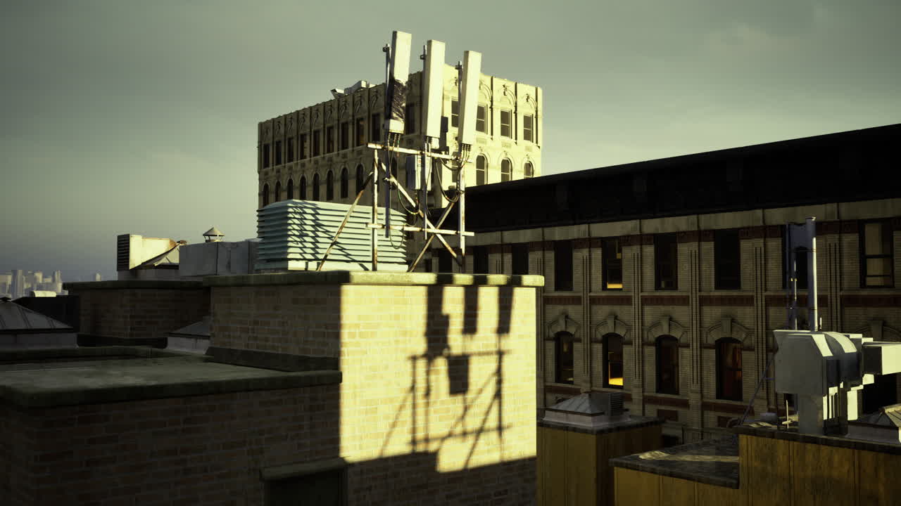 Rooftop view of urban architecture showcasing telecommunications equipment