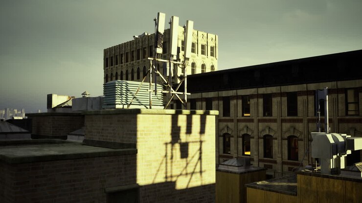 Rooftop view of urban architecture showcasing telecommunications equipment