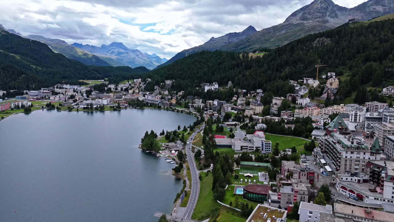 Scenic aerial view of Saint Moritz Lake and mountains, tranquil atmosphere