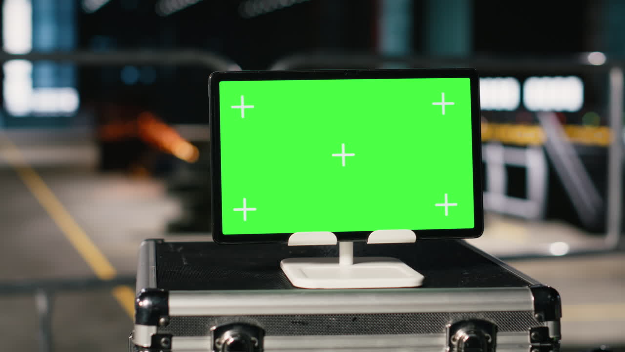 Chroma key isolato su tablet in un cantiere dell'industria pesante vuoto.