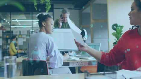animation of network of connections and icons over business people in office