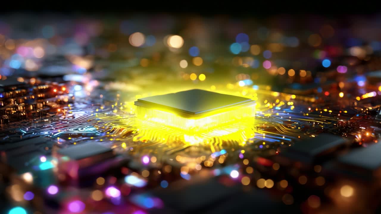 A Stunning Close-Up of a Microchip Illuminating a Circuit Board with Dynamic Colors, Highlighting Advanced Technology and the Future of Semiconductor Development