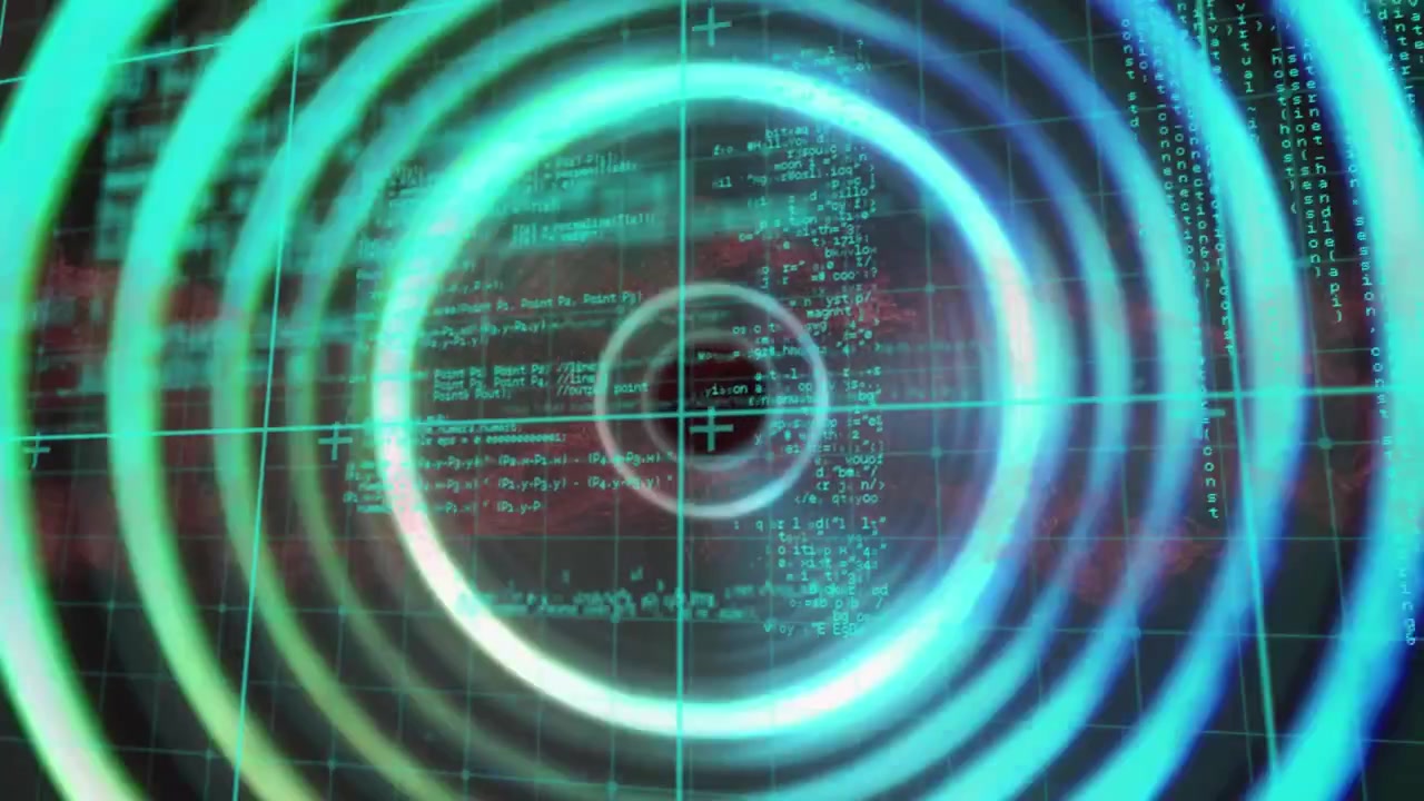 Animation of blue and black digital screen with data and tunnel made of moving circles