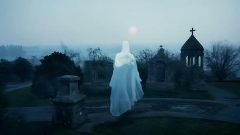 ghost in a foggy graveyard