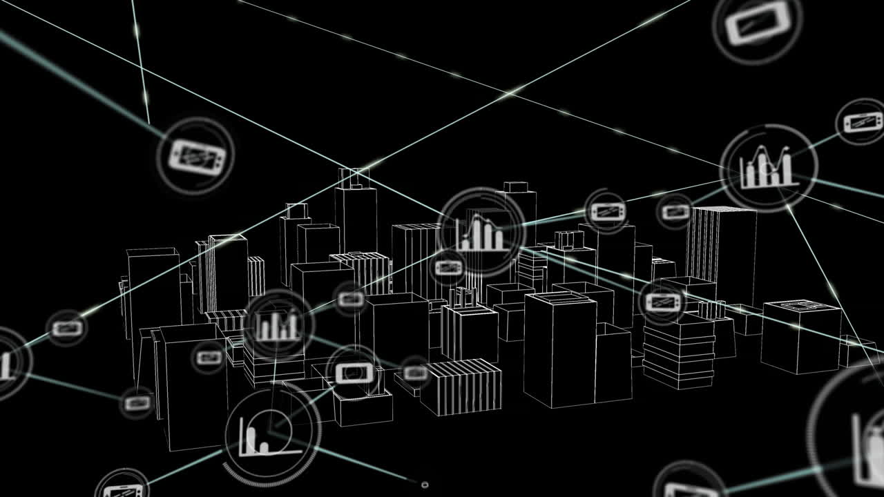 Animation of network of connections with icons over 3d city drawing on black background
