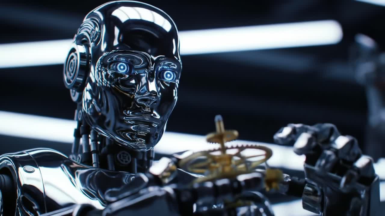 Futuristic Android Exploring Robotic Intelligence and Human Interaction Through Interaction with Mechanical Elements in a High-Tech Environment