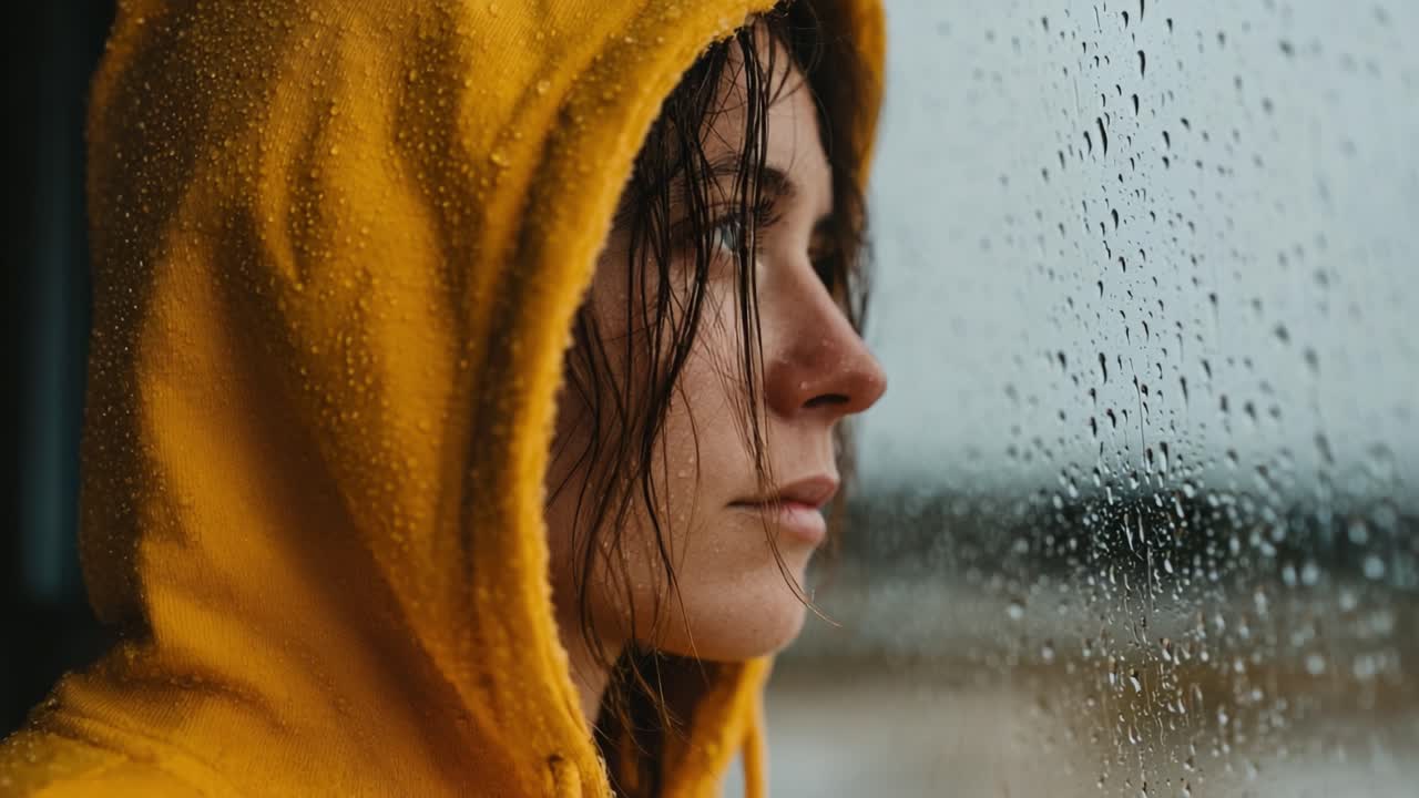 Un momento contemplativo in un ambiente intriso di pioggia: una persona giovane con una vivace felpa gialla guarda attraverso una finestra, riflettendo sui suoi pensieri mentre le gocce di pioggia scendono a cascata sul vetro