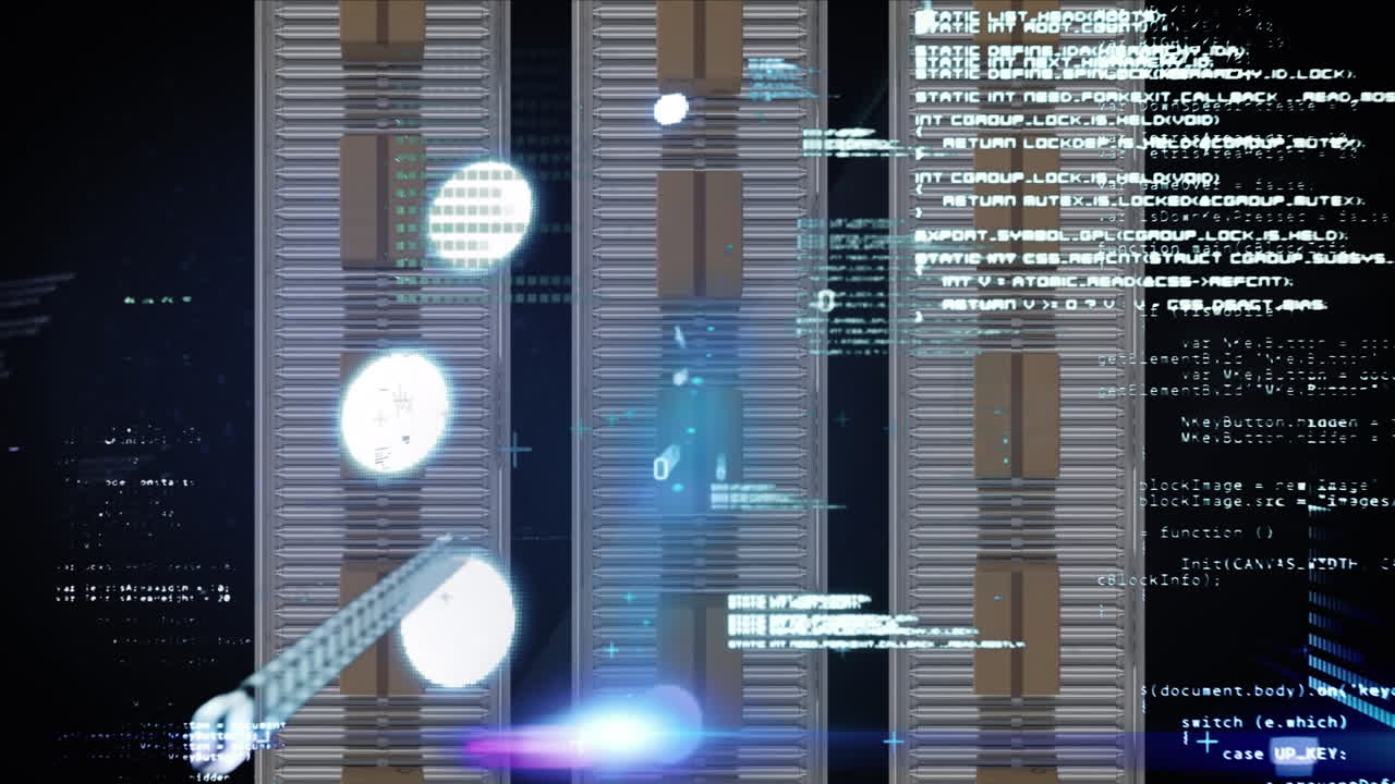 Animation of data processing over cardboard boxes on conveyor belts