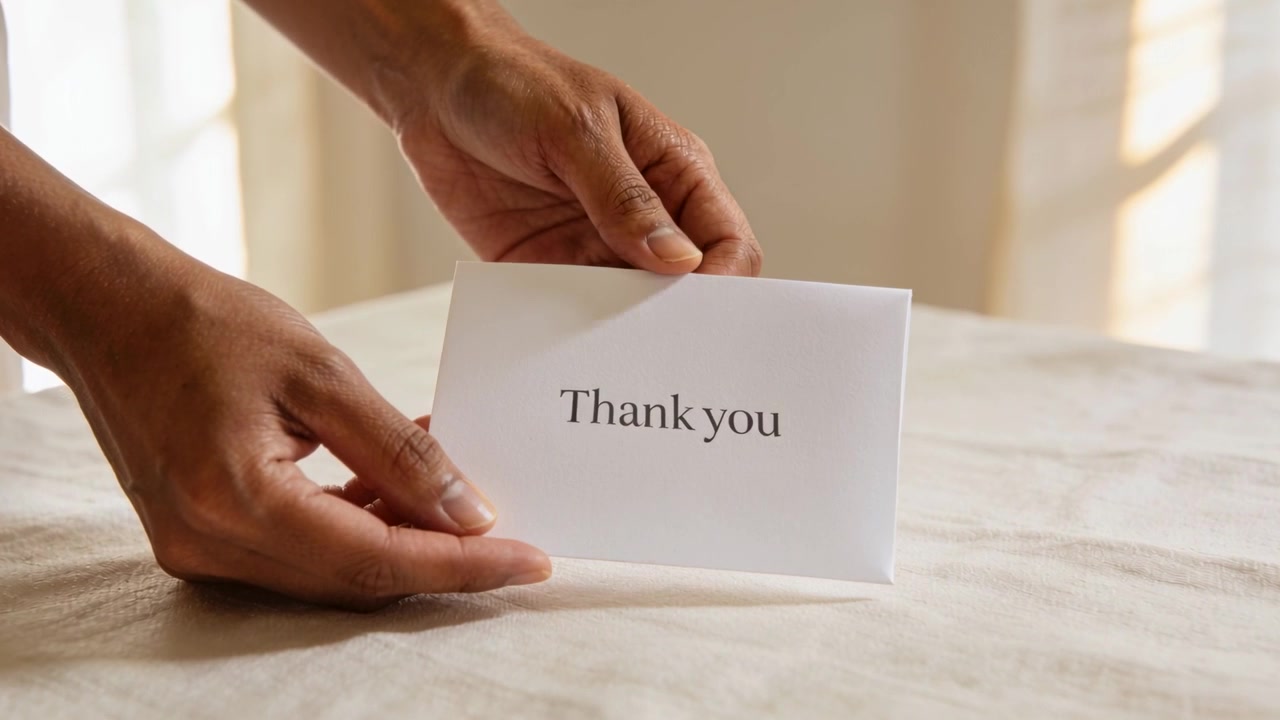Hands entering frame steadying Thank you card on cloth, nudging upright to show front
