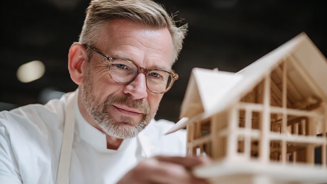 An Experienced Craftsman Showcases His Skill in Model Architecture with a Beautifully Detailed Wooden House as He Poses with Precision and Passion for His Work