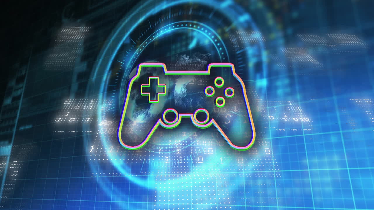 Futuristic gaming controller icon over digital globe and grid background animation