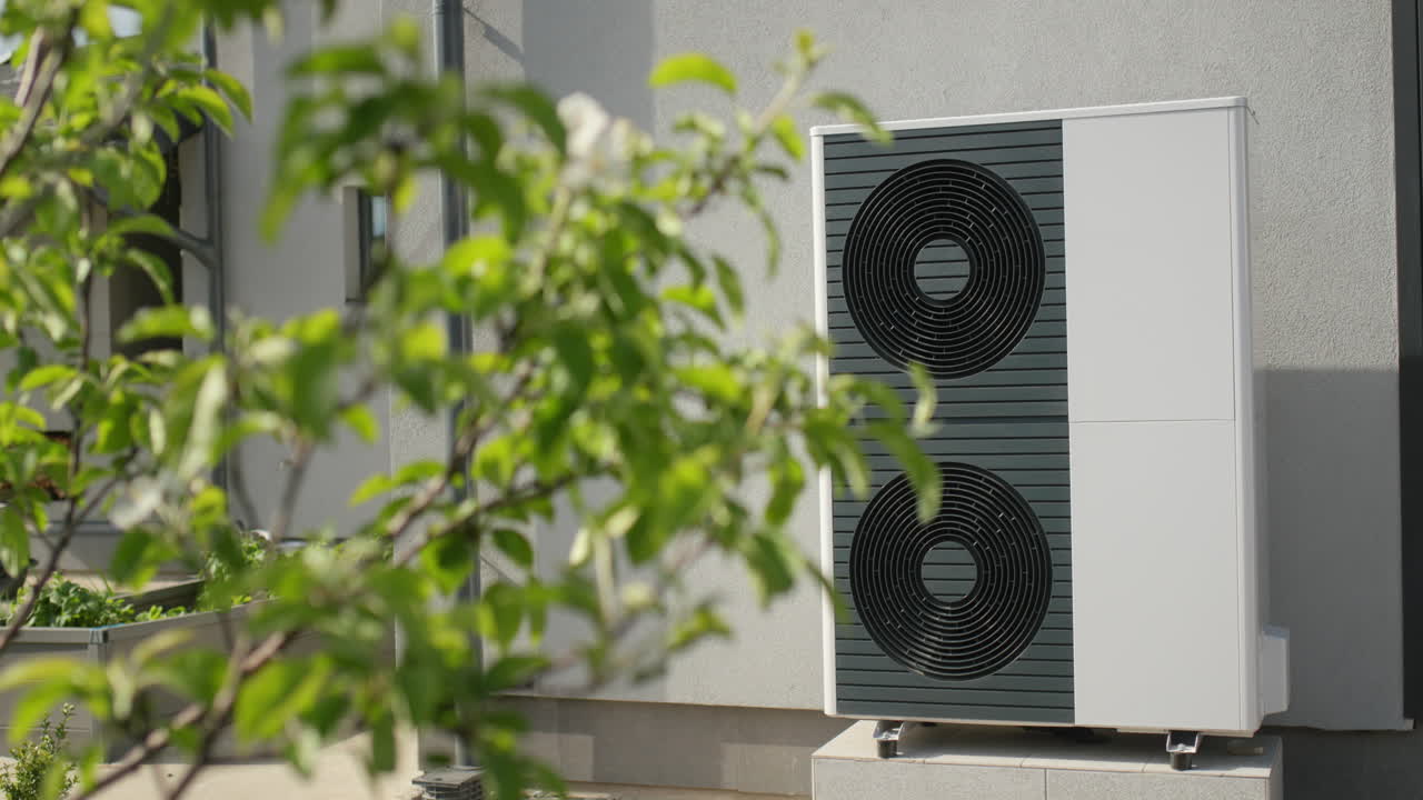 Powerful heat pump for heating and air conditioning of a modern private house. Energy saving technology concept