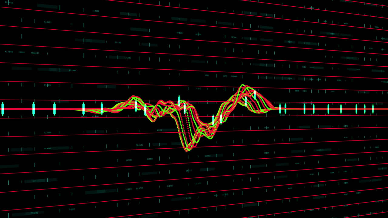 Multicolored graph and red lines against black background