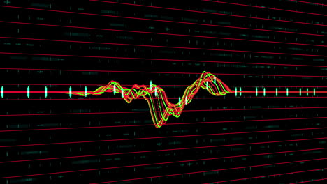 gráfico multicolor y líneas rojas contra un fondo negro