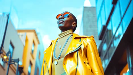 a woman in a yellow leather jacket and sunglasses standing in the middle of a city