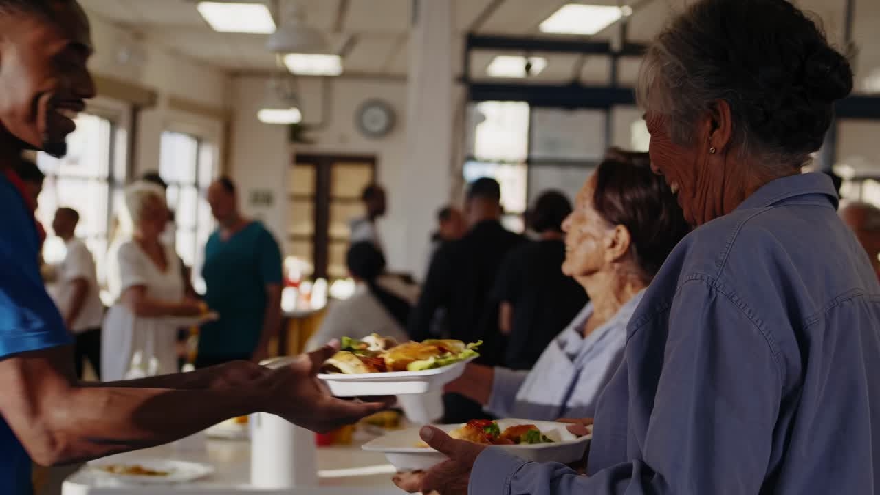 Vibrant video scene capturing a cheerful volunteer in a bustling community center
