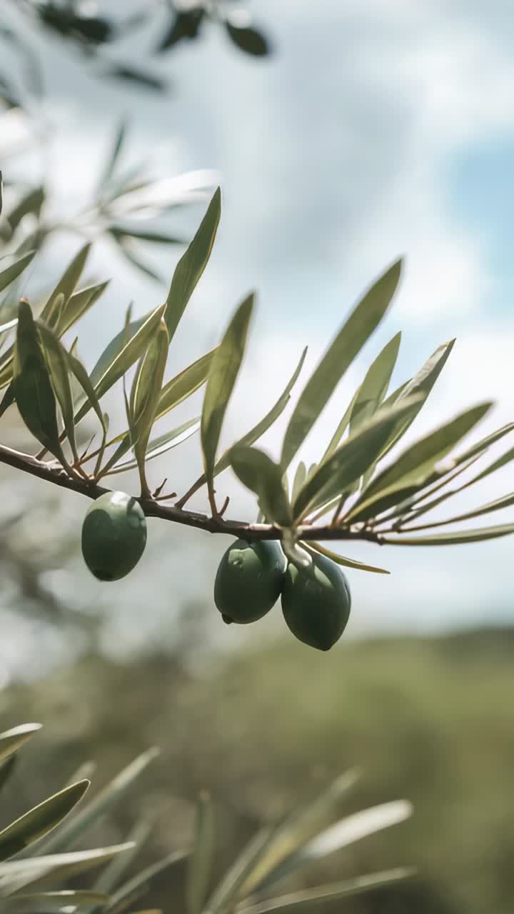 Vertical video: Moving olive twig with three green olives in grove, narrow leaves tilting in breeze