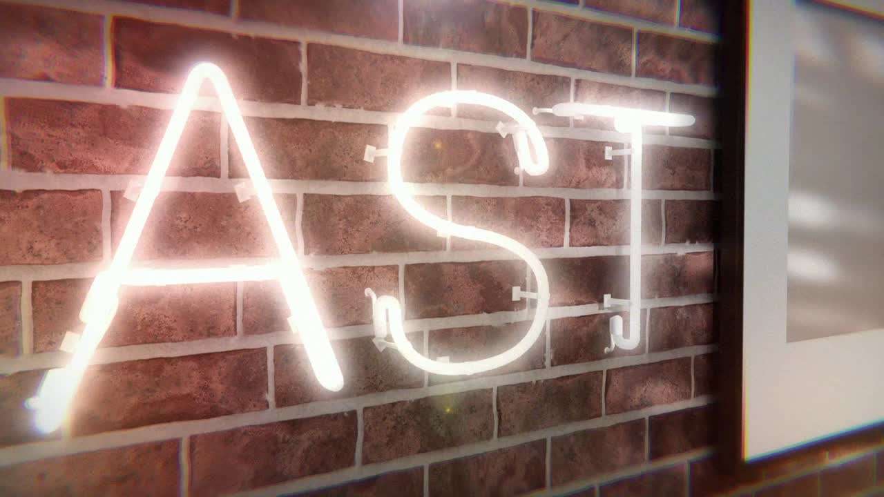 Revelação animada da configuração de um estúdio de podcast moderno com letreiro neon