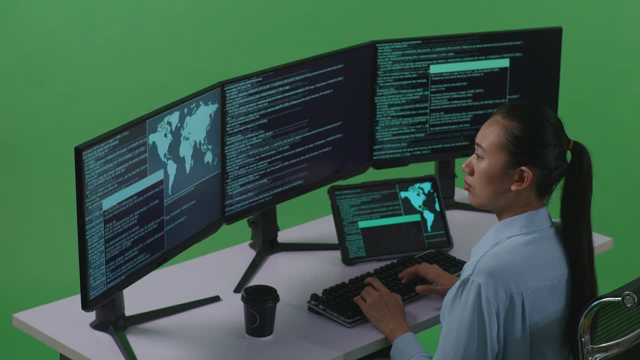 Side View Of Asian Woman Developer Working With Tablet While Write Code With Multiple Computer Screens In Green Screen Studio
