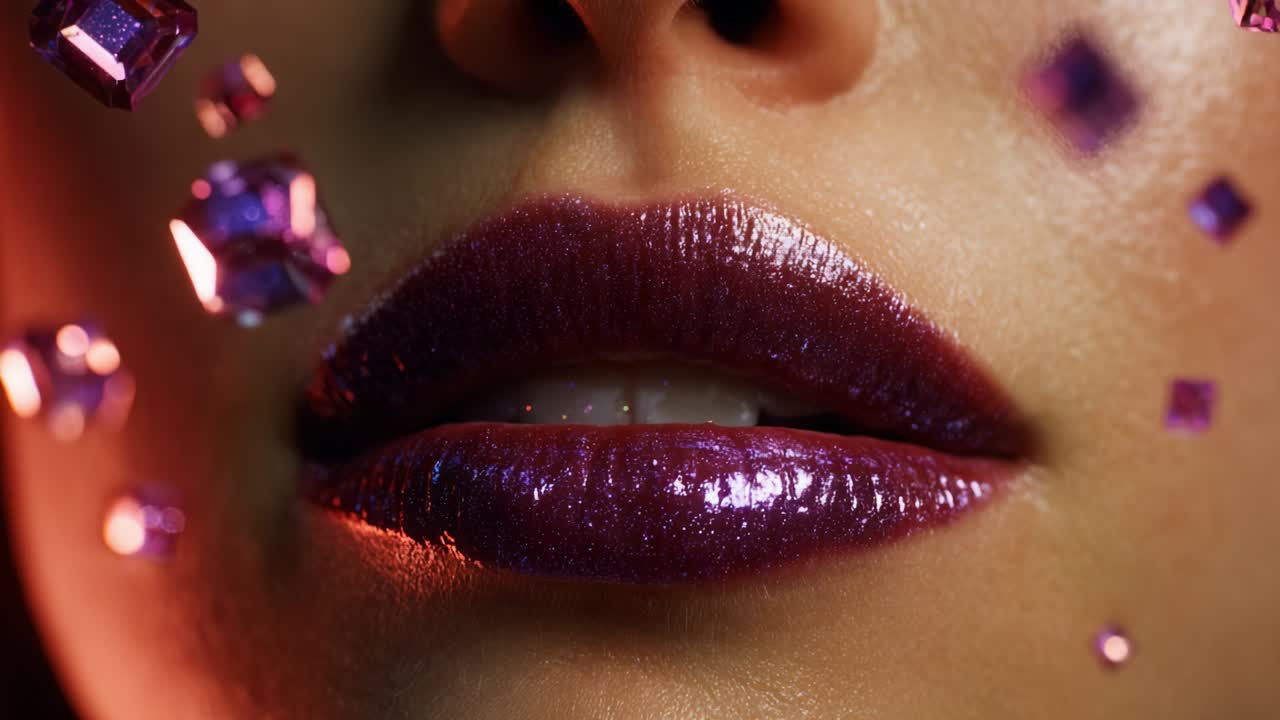 Close-up of Purple Lips with Glitter and Gems