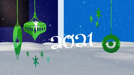 animation of 2021, baubles and falling snow over blue background