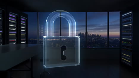 digital security and data protection concept with glowing padlock in server room