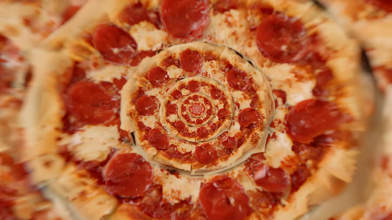 Applicazione dell'effetto caleidoscopio che tira la pizza ai peperoni verso l'interno in studio, enfatizzando la consistenza del formaggio