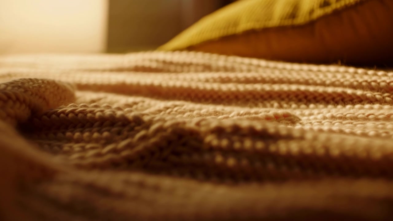 Un lento spostamento della messa a fuoco sulla superficie di una coperta a maglia rivela punti a coste in rilievo, fibre di lana lanuginose e dettagli tessili accoglienti, mentre un cuscino da camera da letto e la luce di una lampada rimangono delicatamente sfocati sullo sfondo.