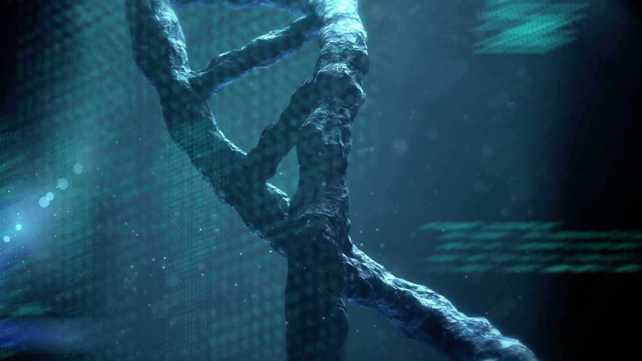 Animation of data processing over 3d dna strand spinning